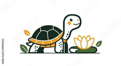 Cartoon turtle with water lily isolated on white background