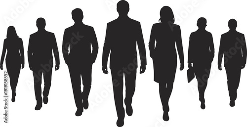 Seven black silhouettes of business people walking on white background