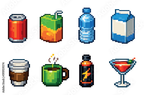 Beverage pixel icon set with soda juice water milk coffee mug energy drink bottle and cocktail for app ui game menu design and asset pack
