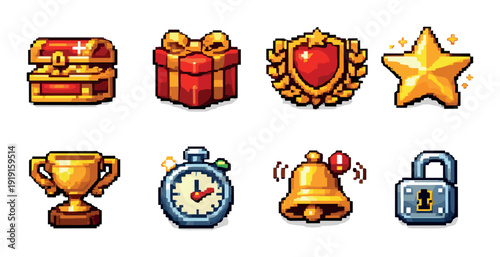 Achievement pixel icon set with treasure chest gift heart badge star trophy stopwatch bell and lock for game ui app reward and achievement design