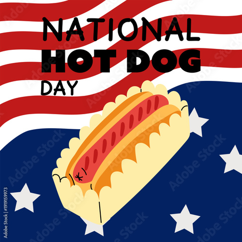 National Hot Dog Day square banner with sausage in bun and American flag. Flat illustration for food festival posters, snack bar greeting cards or July holiday event invitations