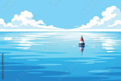 Cerulean Ocean Buoy Clouds Reflection Minimalist Illustration