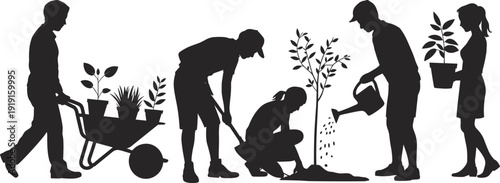 Silhouettes of people planting and caring for trees and plants