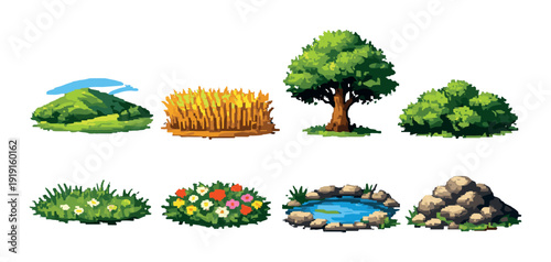 Countryside nature pixel icon set with hill wheat tree bush flower pond and rocks for game design ui assets and background elements in retro rustic style