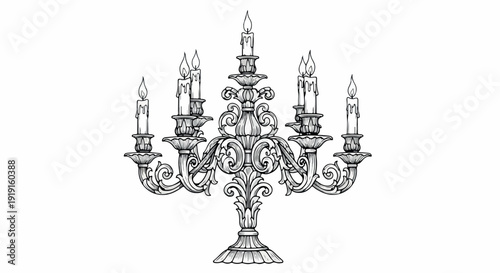 Black and white line drawing of an ornate chandelier with multiple candle holders against a clean white background.