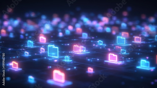 Abstract network grid with files and folders, futuristic software interface, digital document management system, store, search and organize documents, corporate business, paperless office	