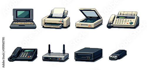 Office electronics icons set with laptop printer scanner fax phone router external drive and usb stick for business ui and office design assets