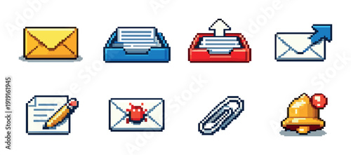 Email messaging pixel icon set with envelope inbox outbox send compose attachment spam notification bell for web and app design ui and background