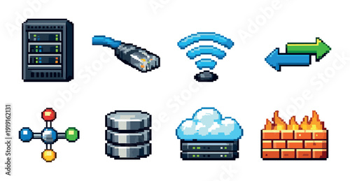 Retro network pixel icon set with server rack cable wifi arrows nodes database cloud and firewall for ui app web and network design