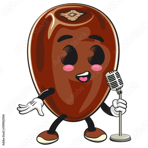 cute dates fruit mascot character on front of the mic, isolated vector illustration, work of hand drawn