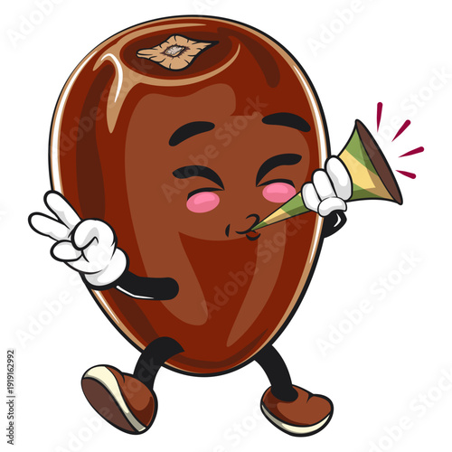 cute dates fruit mascot character blow the party horn trumpet, isolated vector illustration, work of hand drawn