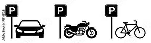Parking sign icons for car, motorcycle, and bicycle. Includes vehicle parking symbols. Created in simple black style with white background