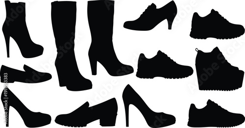 Collection of various black high heel shoe silhouettes