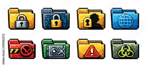 Retro pixel folder icons set with security and warning symbols for ui design and app interface organization