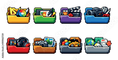 Colorful retro pixel folder collection with creative media items for ui design, app interface and multimedia organization