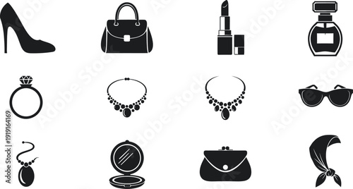 Collection of black and white fashion icons and accessories