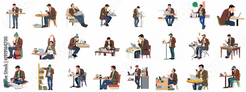 Men Working Remotely: Diverse Illustrations of Freelancers and Students Using Laptops and Smartphones in Cafes and Home Offices, Highlighting Productivity and Modern Lifestyles.