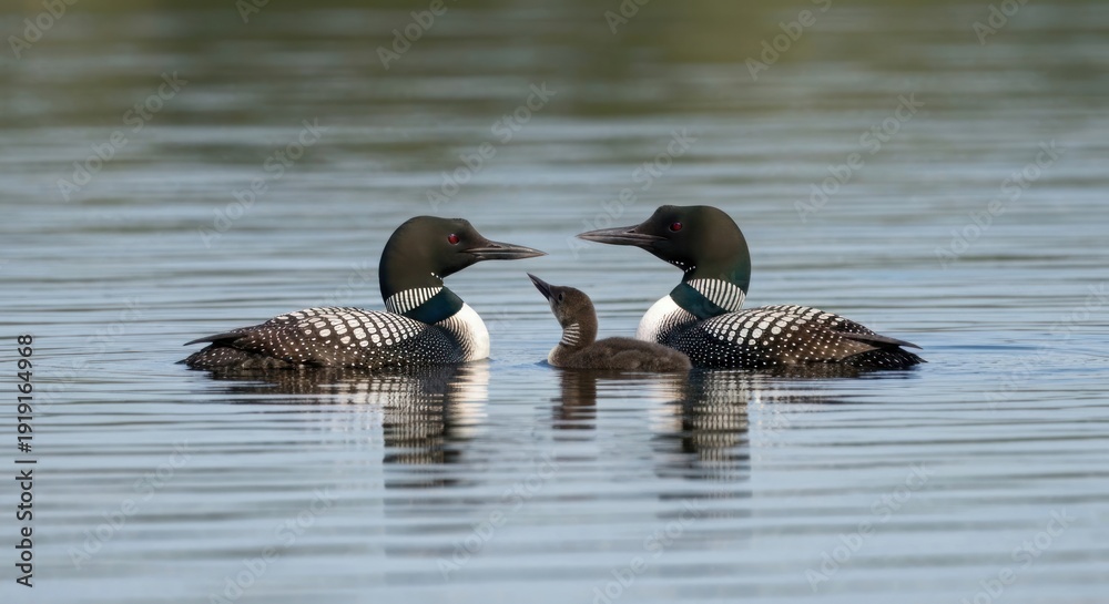 Fototapeta premium Two adult birds and a chick float together on a calm lake
