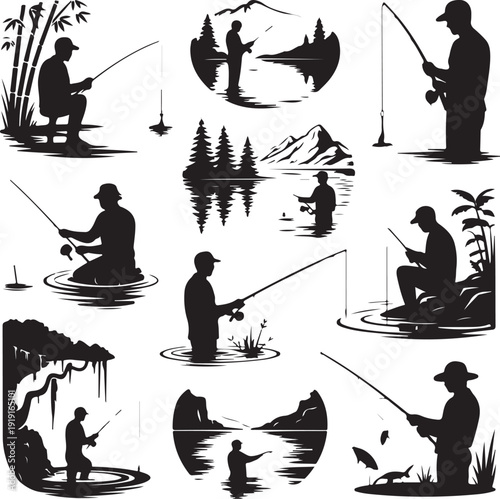 black silhouettes of men fishing in various positions on riverbanks and in water