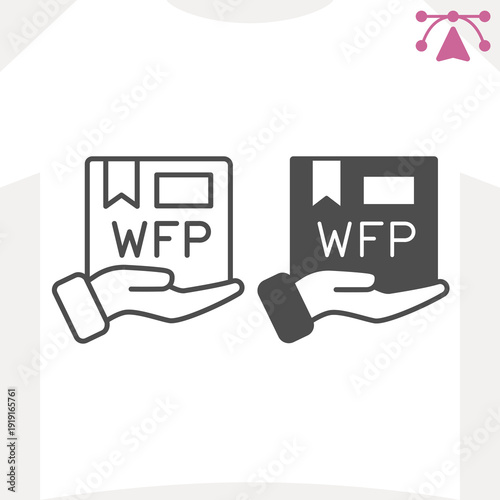 Box from world food program in hand line and solid icon, food assistance concept. Vector graphics. Cardboard box sign and editable stroke, outline style icon for mobile or web design.