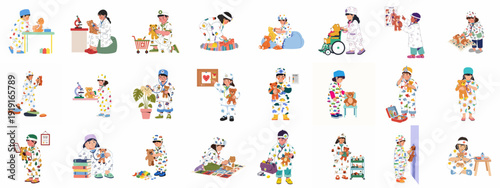 Children playing doctors and nurses, examining teddy bears with stethoscopes and medical equipment. Imaginative role-play promoting empathy and healthcare interest in early childhood.