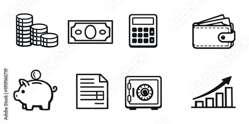 Finance and banking icon set on dark metallic background for design, website ui, app dashboard, accounting and finance background