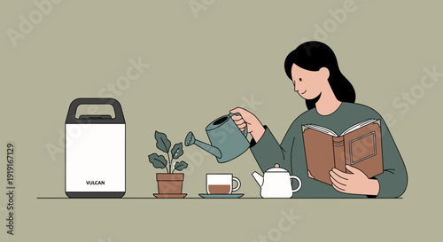 Woman Pouring Water from Kettle Reading Book.