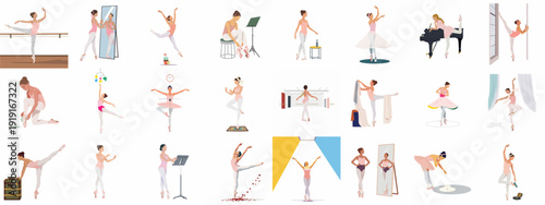 Elegant ballet dancers in various poses and settings, a minimalist illustration set capturing the grace and discipline of ballet art and training.