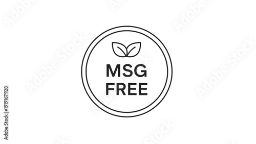 Monosodium glutamate free label with leaf icons in a circular border for food packaging and healthy dietary information.