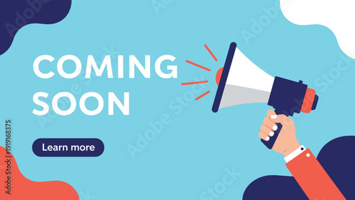 Coming soon announcement banner with a hand holding a megaphone and a learn more button on an abstract blue background.