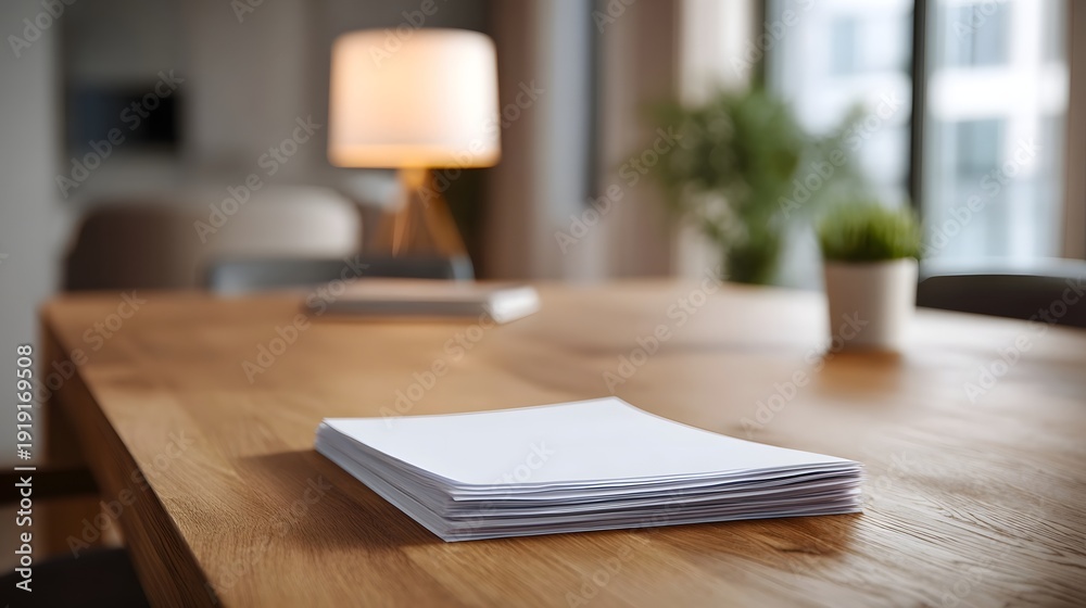 Naklejka premium A stack of white papers rests on a wooden table in a modern interior illuminated by a desk lamp