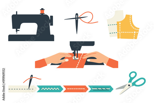 Sewing machine infographic showing hands guiding fabric with needle and scissors for garment production process poster and craft background