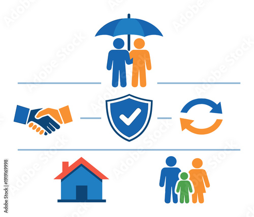 Insurance protection family home security concept with shield handshake renewal arrows for financial services design poster background