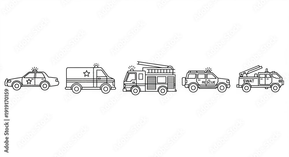 Naklejka premium Hyper-Realistic Minimal Emergency Vehicle Line Icon Set - Side View Outline Vector Collection of Police Car, Ambulance, Fire Truck, Rescue SUV, and SWAT Truck on a Cool White Background