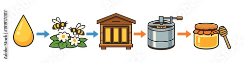 Honey supply chain flow from nectar to jar with beekeeping hive extraction drum and processing icons for food packaging and product label design