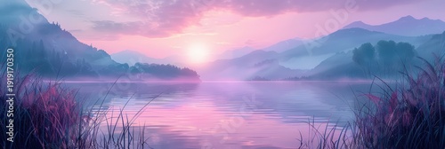 Tranquil lake reflects a dreamy pink and purple sunrise over misty distant mountains