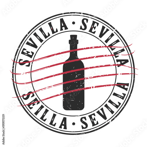 Sevilla postage stamp style design featuring a dark wine bottle illustration