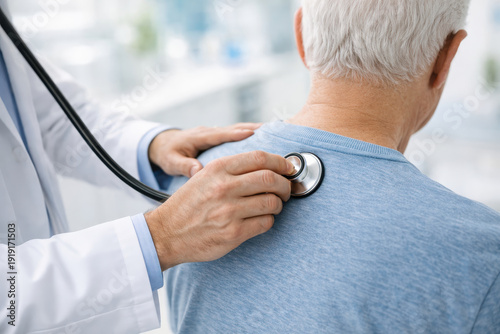 Elderly patient medical exam with doctor stethoscope on back in clinic, healthcare checkup focuses on breathing, heart and lung sound, caring support and health monitoring