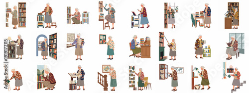 Elderly women enjoying diverse library and home study activities, surrounded by books; a vibrant collection showcasing a passion for reading and knowledge.