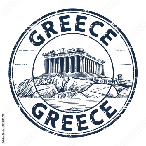 Quadro su tela Vintage style circular emblem featuring the acropolis in greece