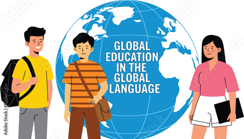 Global Education Illustration Featuring Diverse Students and Earth Globe for International Learning, English Language Study, and Academic Success Concepts
