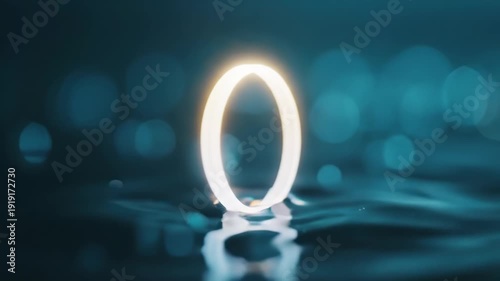 Bright glowing digital zero reflecting on calm water surface with ethereal bokeh background for innovation concept and advanced technology