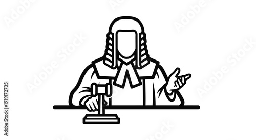 Illustration of a judge with a gavel and raised hand black and white