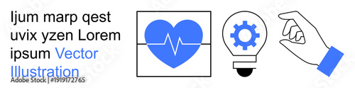 Health monitoring, technology, innovation, brainstorming, medical diagnostics, creative solutions. Heart with heartbeat line, gear in a bulb and a hand gesture. Health monitoring and technology