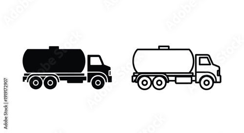 Two black and white illustrations of fuel tank trucks displayed side by side