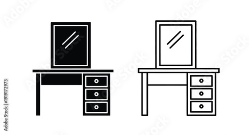 Two minimalist black and white depictions of desks with drawers