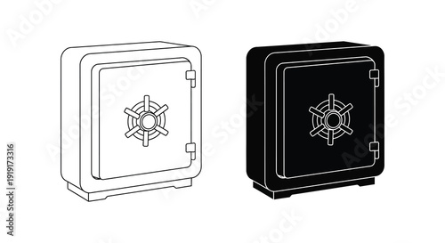 Two depictions of a home or office safe are shown one white and one black as a silhouette