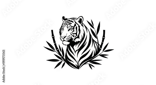 Tiger portrait with bamboo and foliage