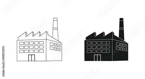 A stark comparison of factory outlines one in white and one filled black creating a contrasting silhouette high quality