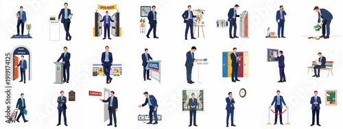 School Management and Leadership: Diverse illustrations of a male administrator handling tasks from welcoming to presentations, perfect for education themes.